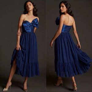 Anthropologie Hutch Tulle Dress Midi Bow-Tie Strapless Metallic Navy 10 / Medium